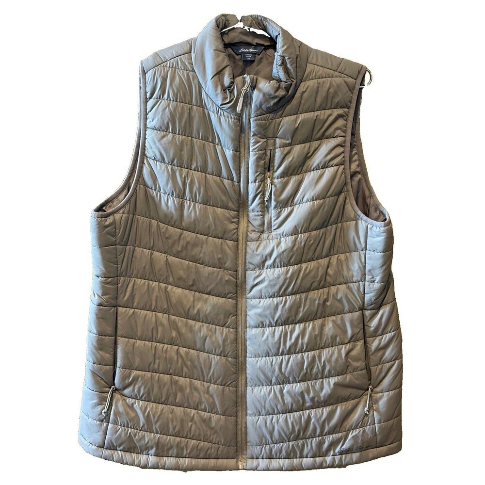 Eddie Bauer Gray Quilted Puffer Vest Nylon Shell Pockets Oat Gray Lg Unisex